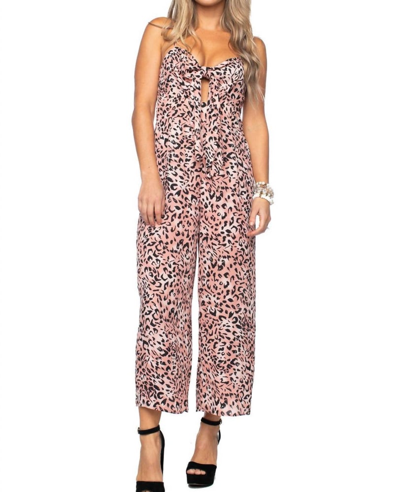 Front of a model wearing a size Large Animal Print Jumpsuit in Pink in Pink by BUDDYLOVE. | dia_product_style_image_id:339049